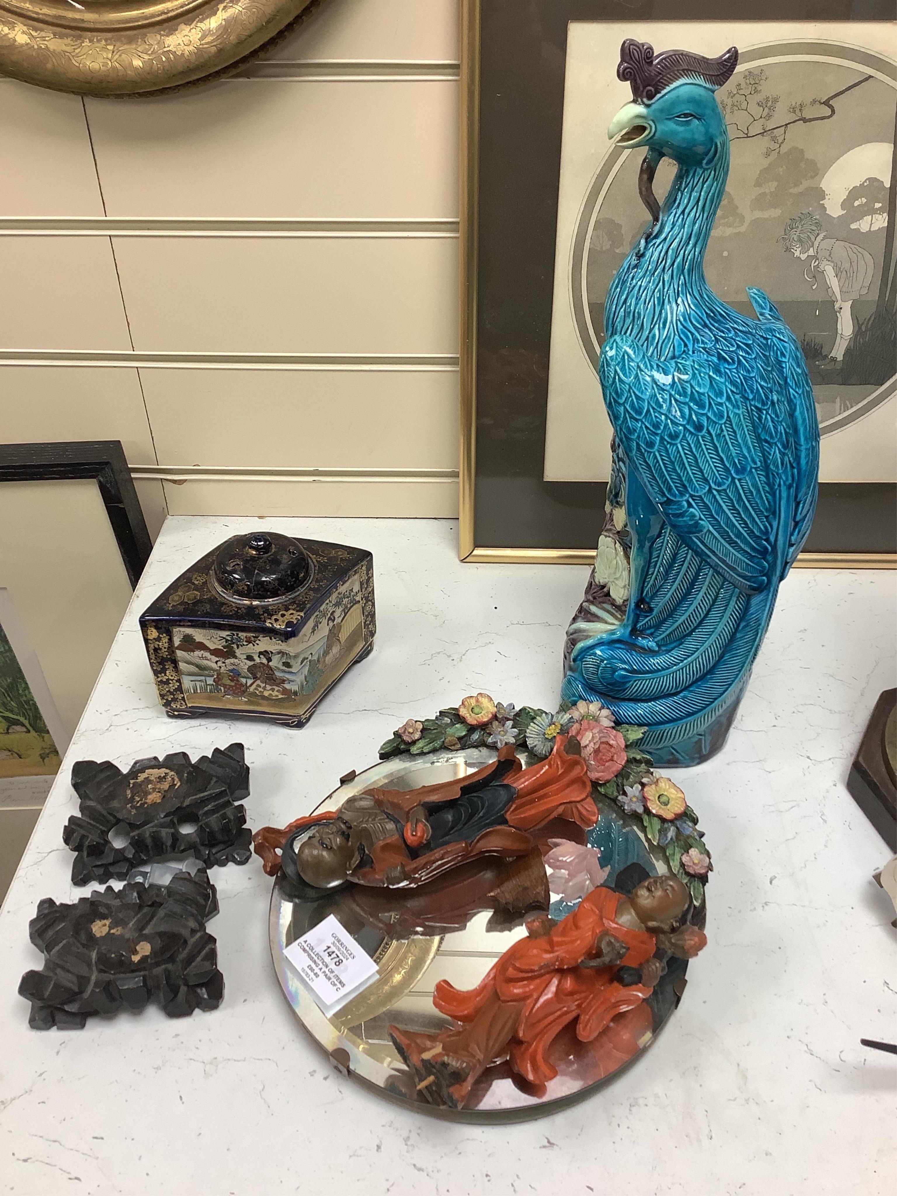 A collection of items comprising a pair of Chinese figures on stands, a turquoise figure of a phoenix, a Japanese Satsuma pot and a Barbola mirror, largest 40cm high. Condition - poor to fair